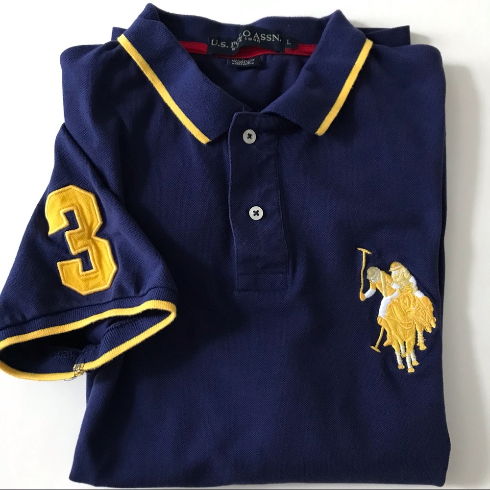 EUC L S/S Collared Polo, Navy w Yellow/Red trim